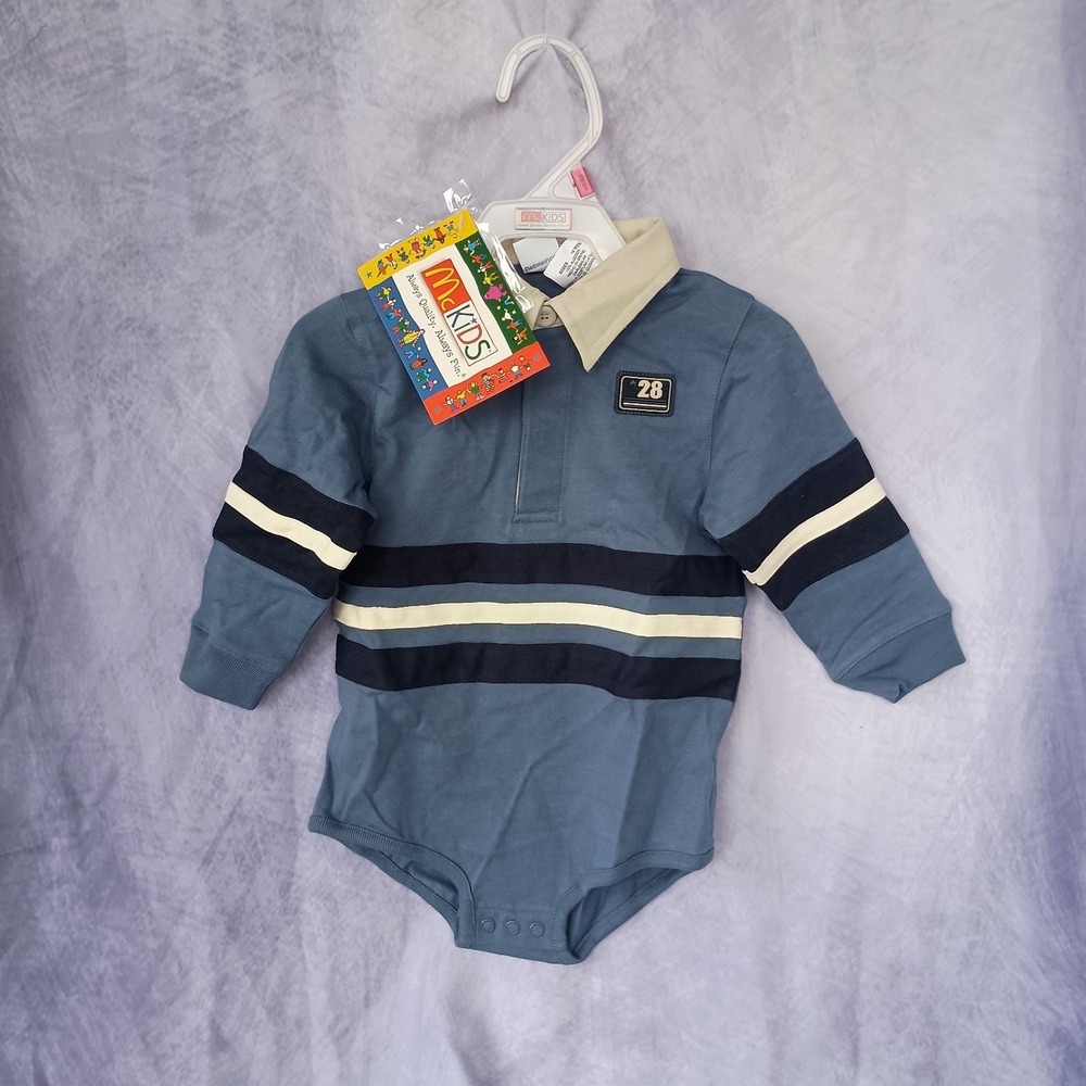 Vintage McKids Infant Rugby Polo Bodysuit Blue Striped Long Sleeve One Piece